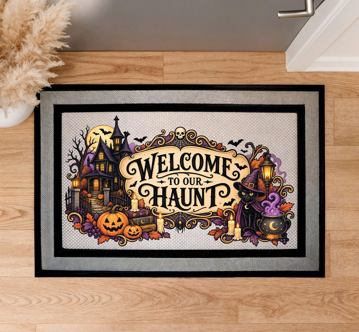 Welcome To Our Haunt Doormat, Spooky Halloween Black Cat Entrance Rug