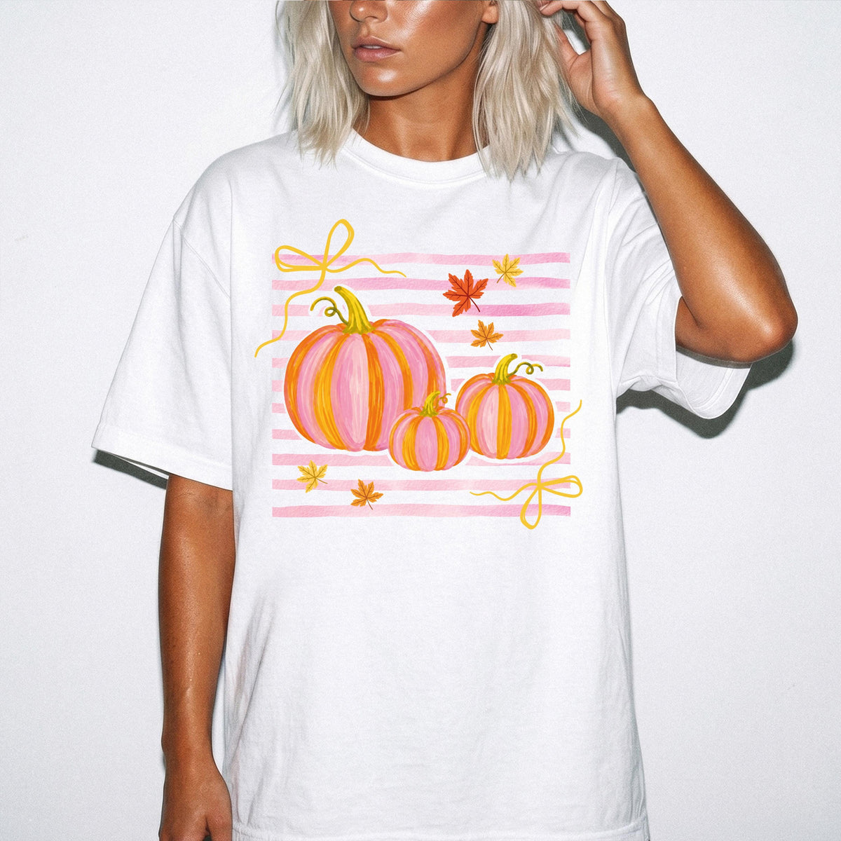 Preppy Bow Pumpkin Pumpkins Comfort Colors® Shirt, Striped Autumn Vibes Tee, Thanksgiving Women Gift