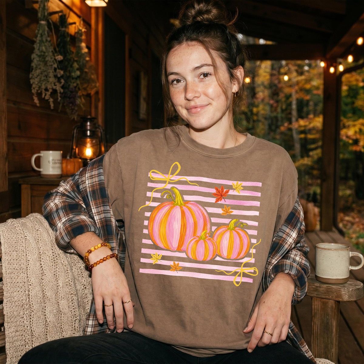 Preppy Bow Pumpkin Pumpkins Comfort Colors® Shirt, Striped Autumn Vibes Tee, Thanksgiving Women Gift