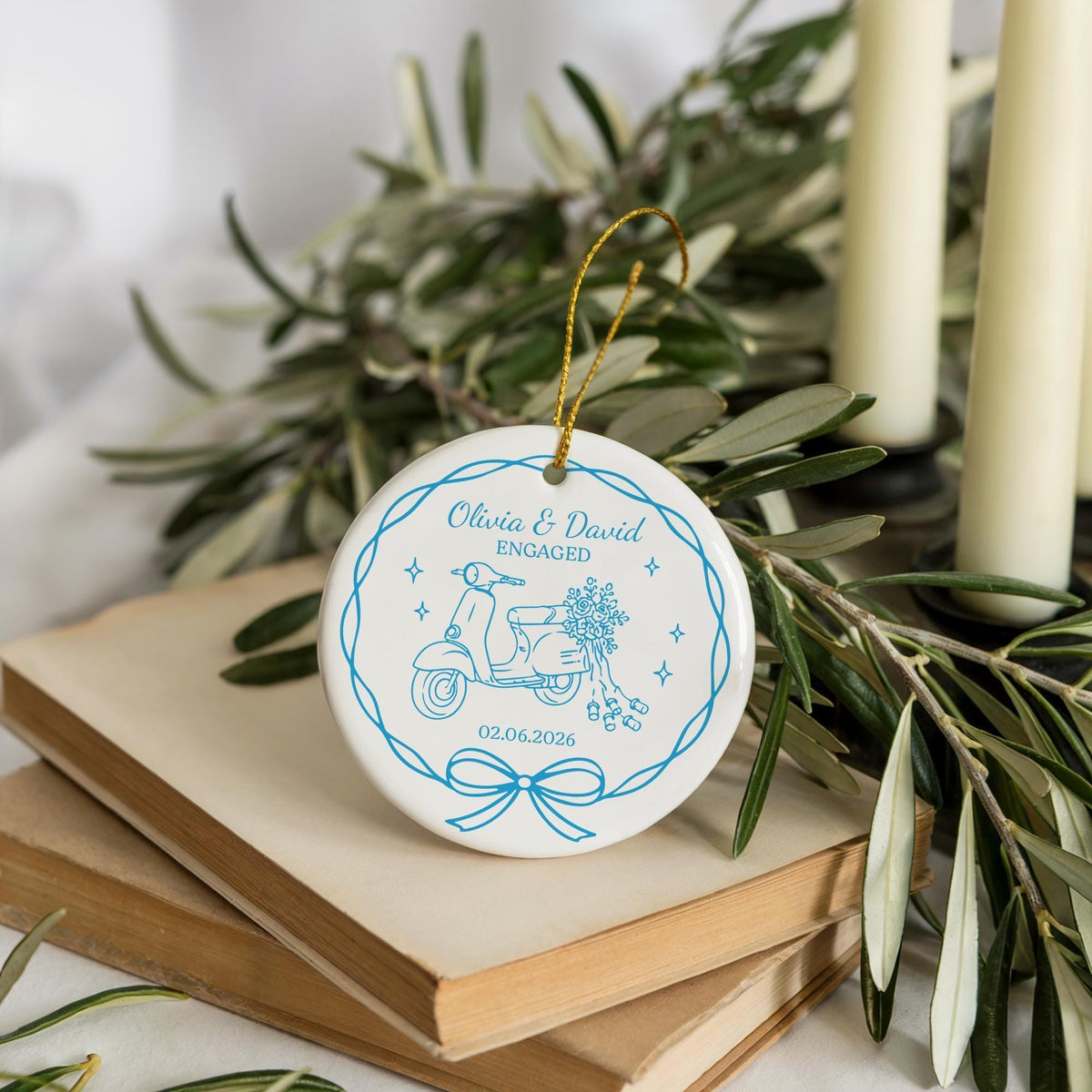 Personalized Engagement Christmas Ceramic Ornament, Custom Name and Date Engaged Keepsake