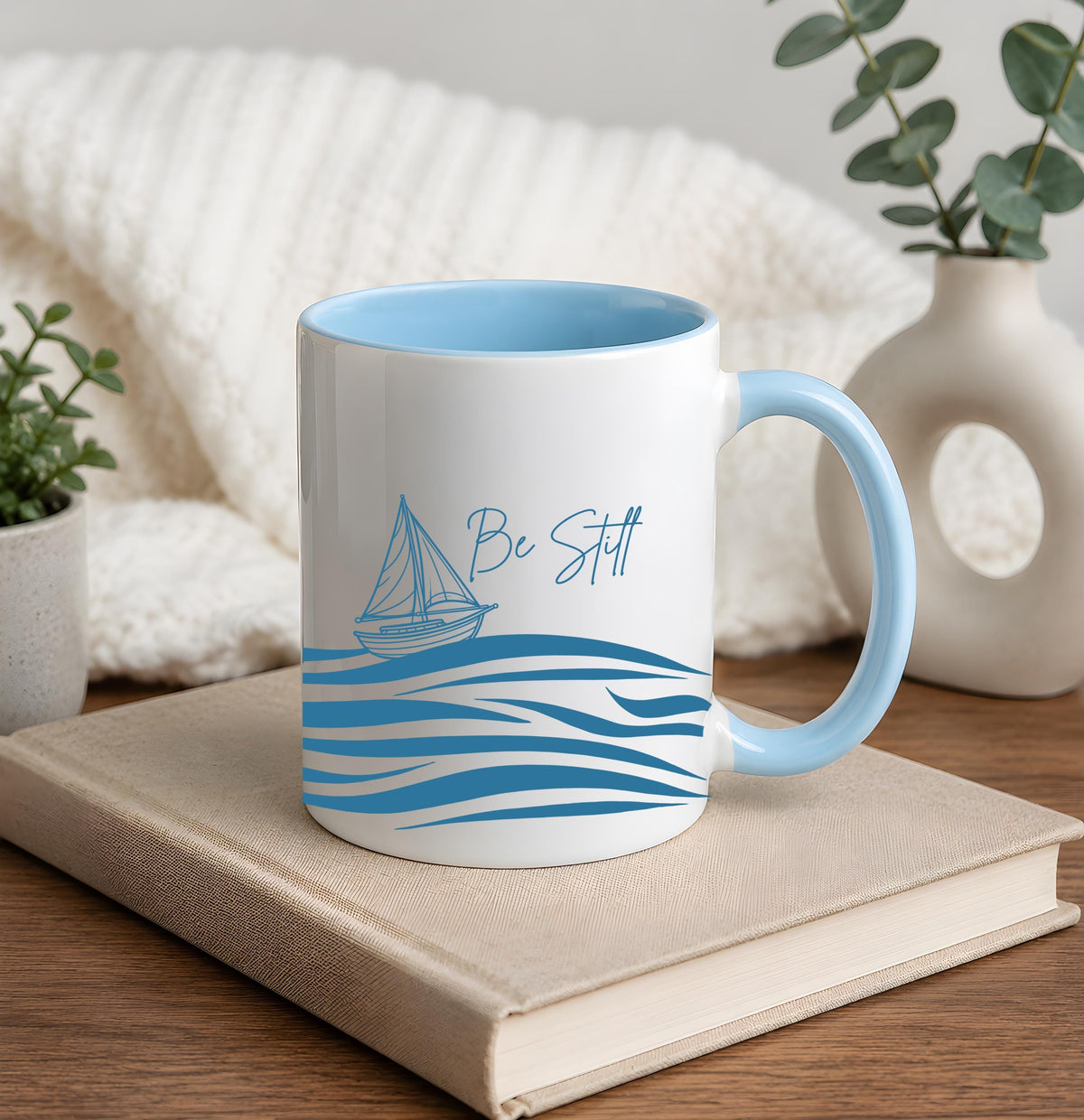 Peace Be Still Scripture Coffee Mug, Sailboat & Ocean Waves Faithful Ceramic Cup