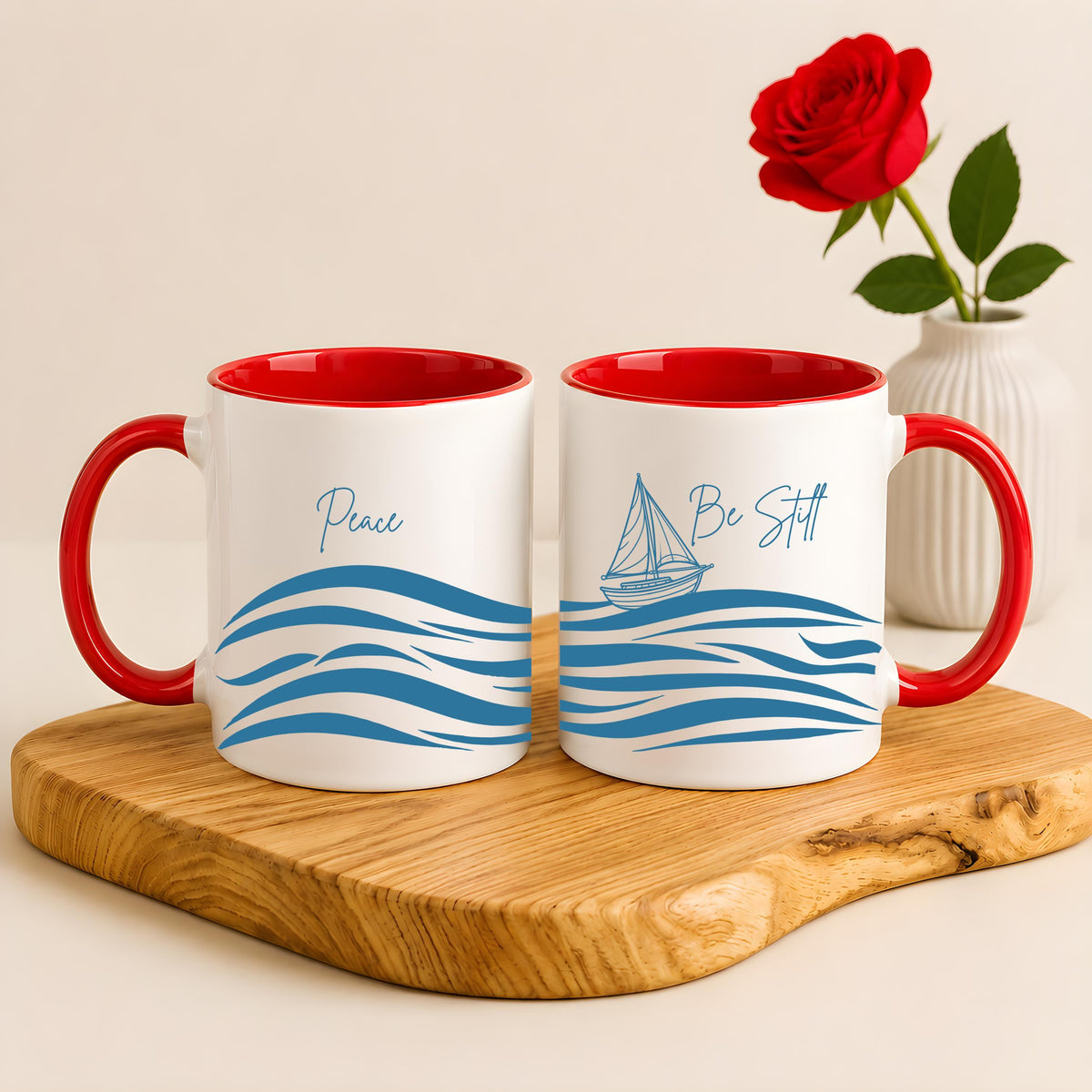 Peace Be Still Scripture Coffee Mug, Sailboat & Ocean Waves Faithful Ceramic Cup