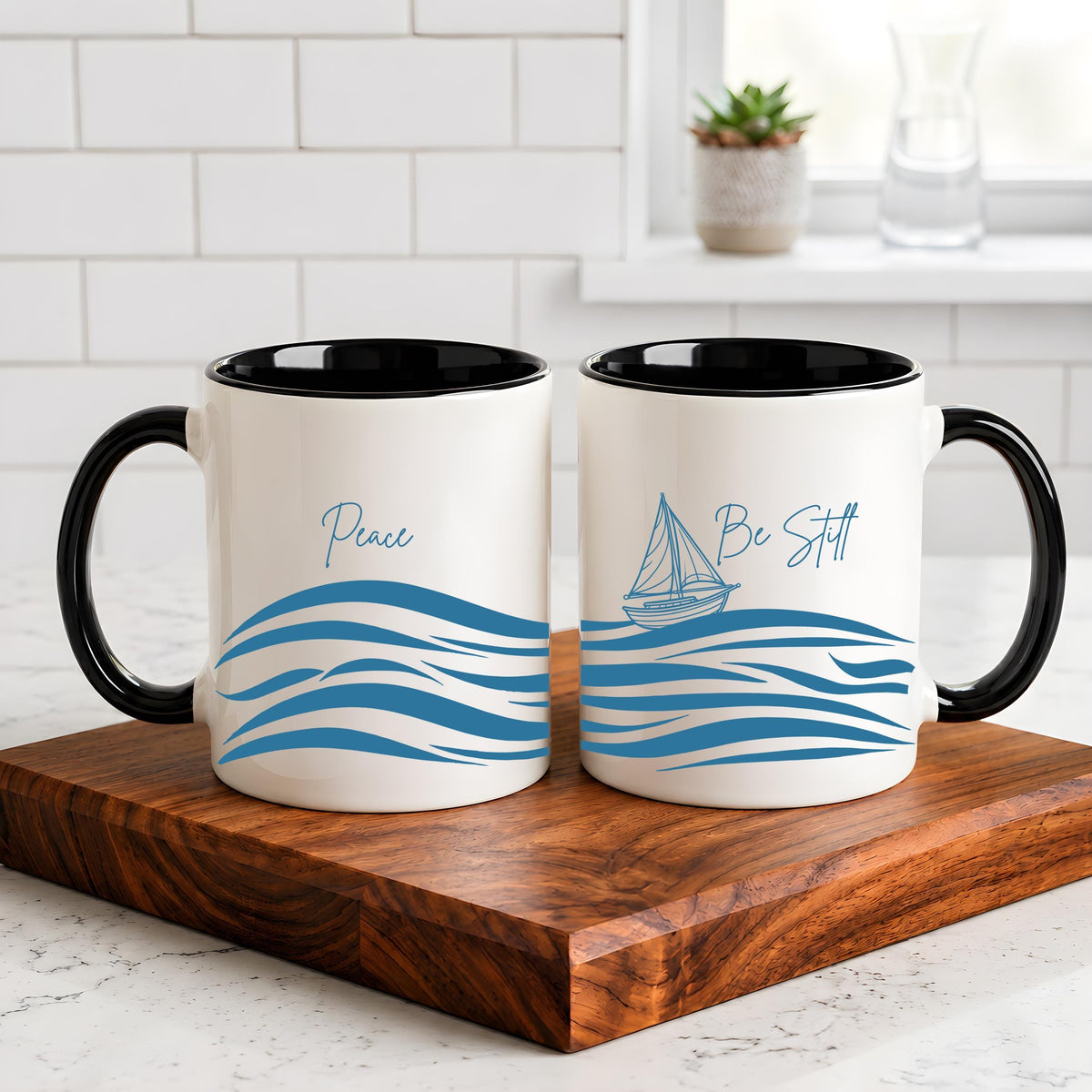 Peace Be Still Scripture Coffee Mug, Sailboat & Ocean Waves Faithful Ceramic Cup