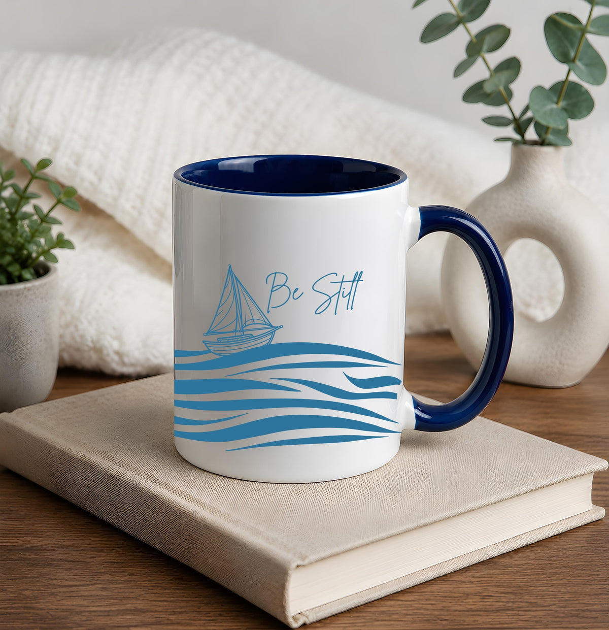 Peace Be Still Scripture Coffee Mug, Sailboat & Ocean Waves Faithful Ceramic Cup