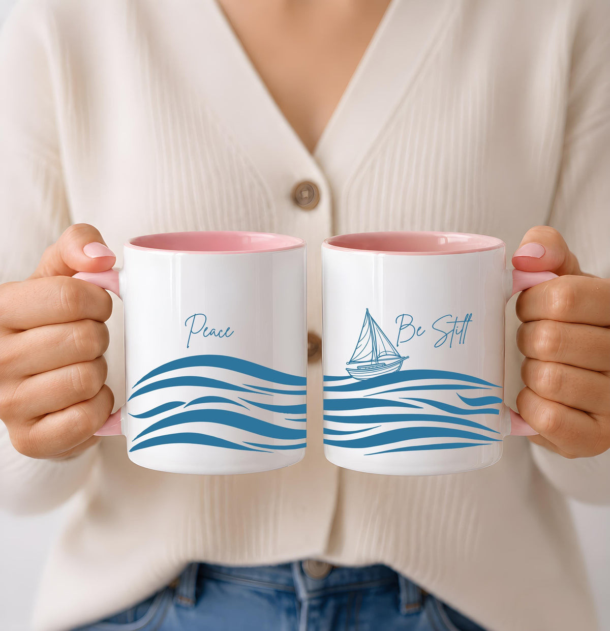 Peace Be Still Scripture Coffee Mug, Sailboat & Ocean Waves Faithful Ceramic Cup