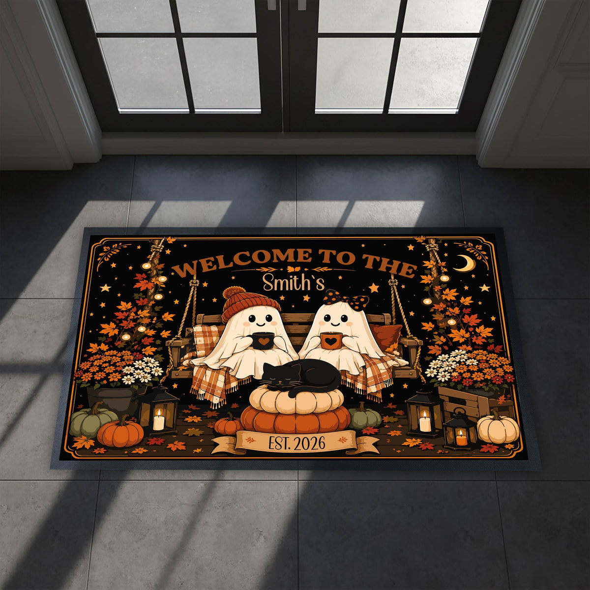 Personalized Fall Doormat, Custom Ghost Couple Welcome Mat, Spooky Porch Decor