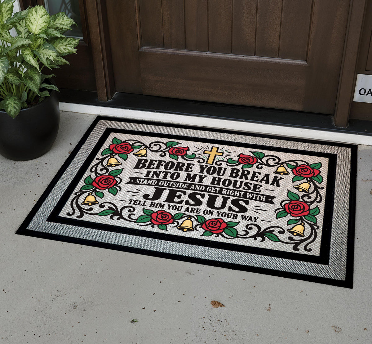Funny Faith Doormat, Religious Humor Welcome Mat, Floral Roses, Cross (Heavy-Duty)