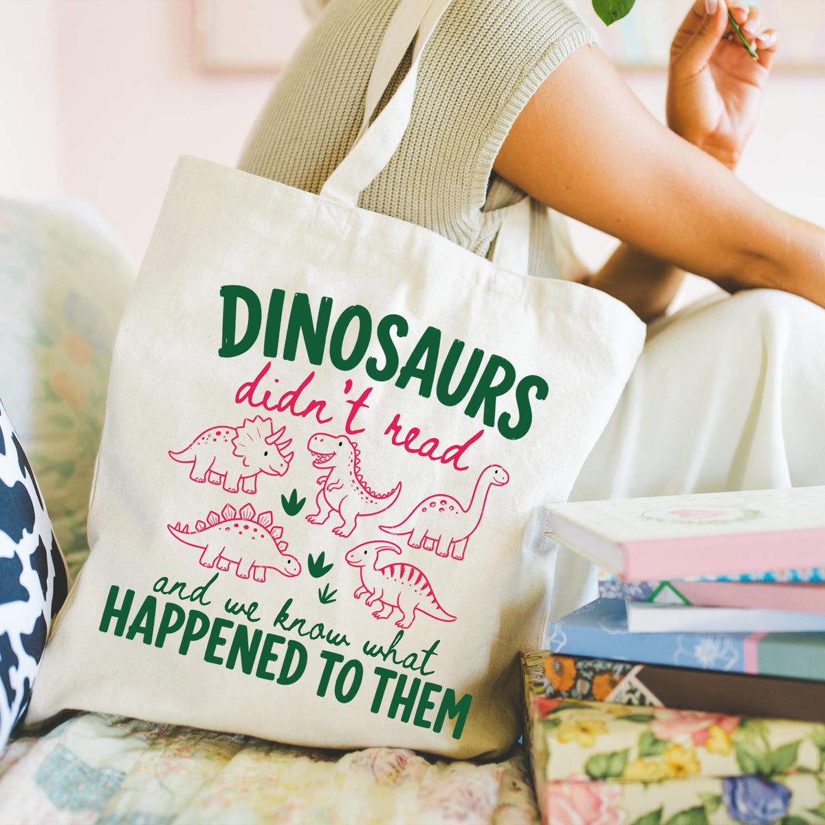 Dinosaurs Reader Tote Bag, Book Lover Kids Gift Tote, Canvas Bookworm Tote Bag