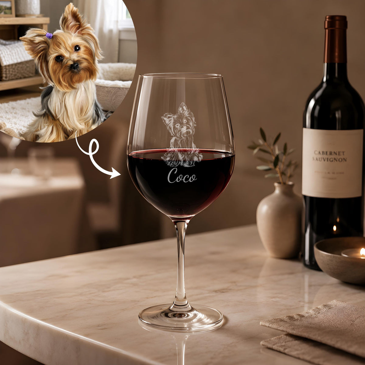 Personalized Pet Portrait Engraved Wine Glass, Custom Name Dog - Cat Photo Wine Cup