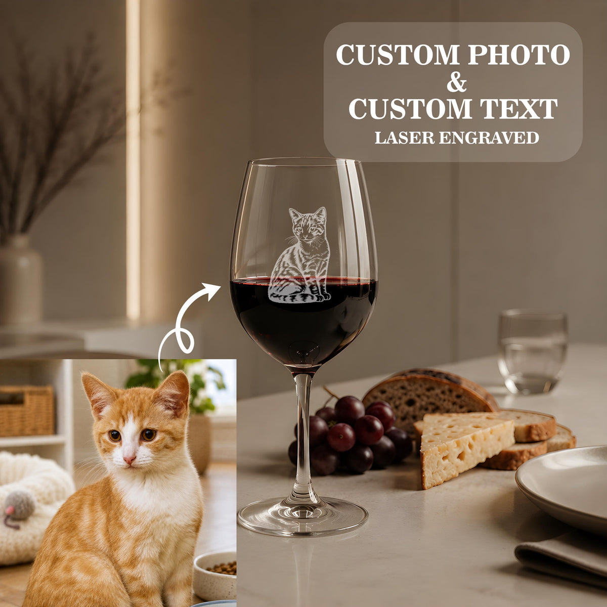 Personalized Pet Portrait Engraved Wine Glass, Custom Name Dog - Cat Photo Wine Cup
