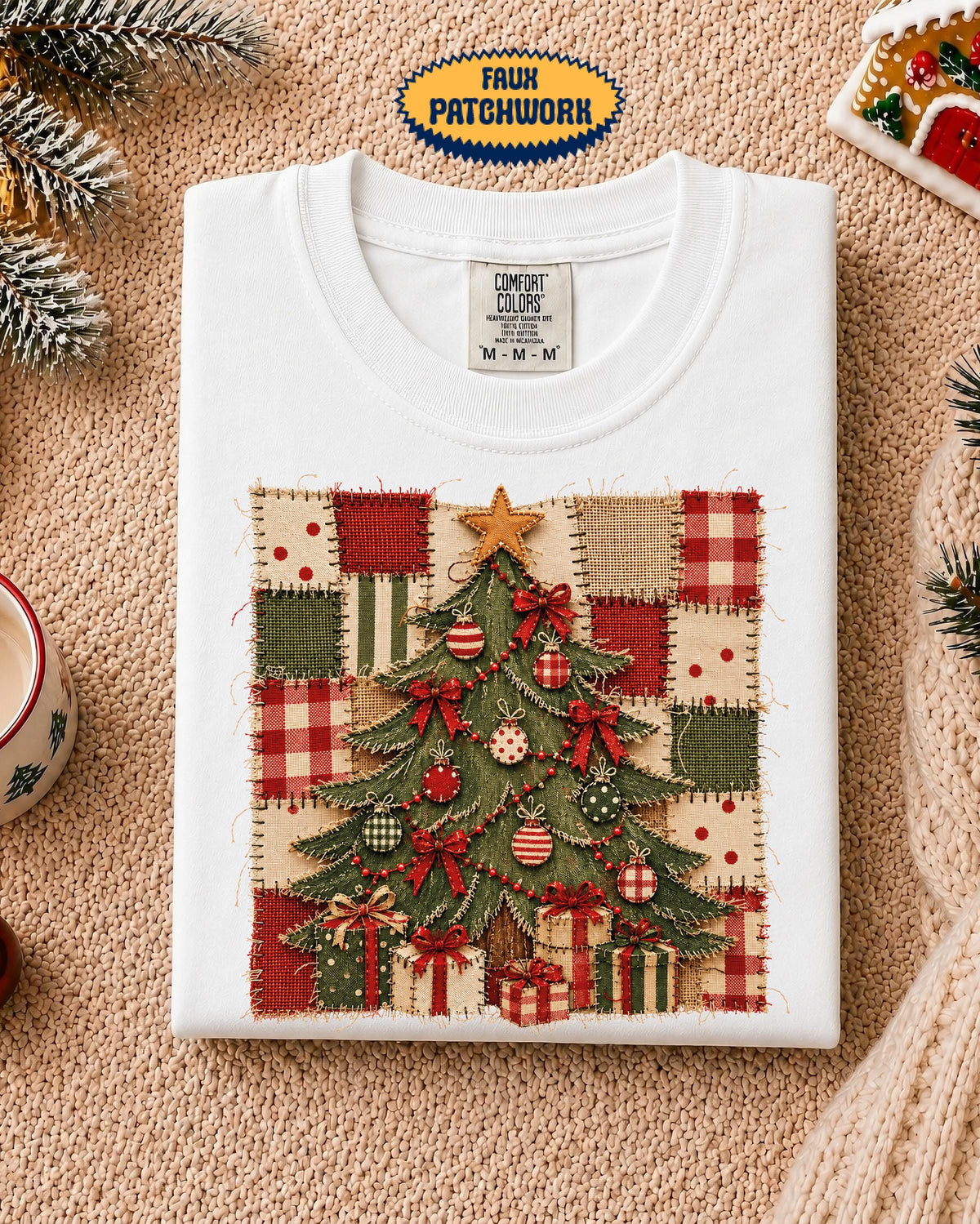 Faux Patchwork Christmas Tree Comfort Colors® Shirt, Women Christmas T-Shirt, Holiday Xmas Gift Tee