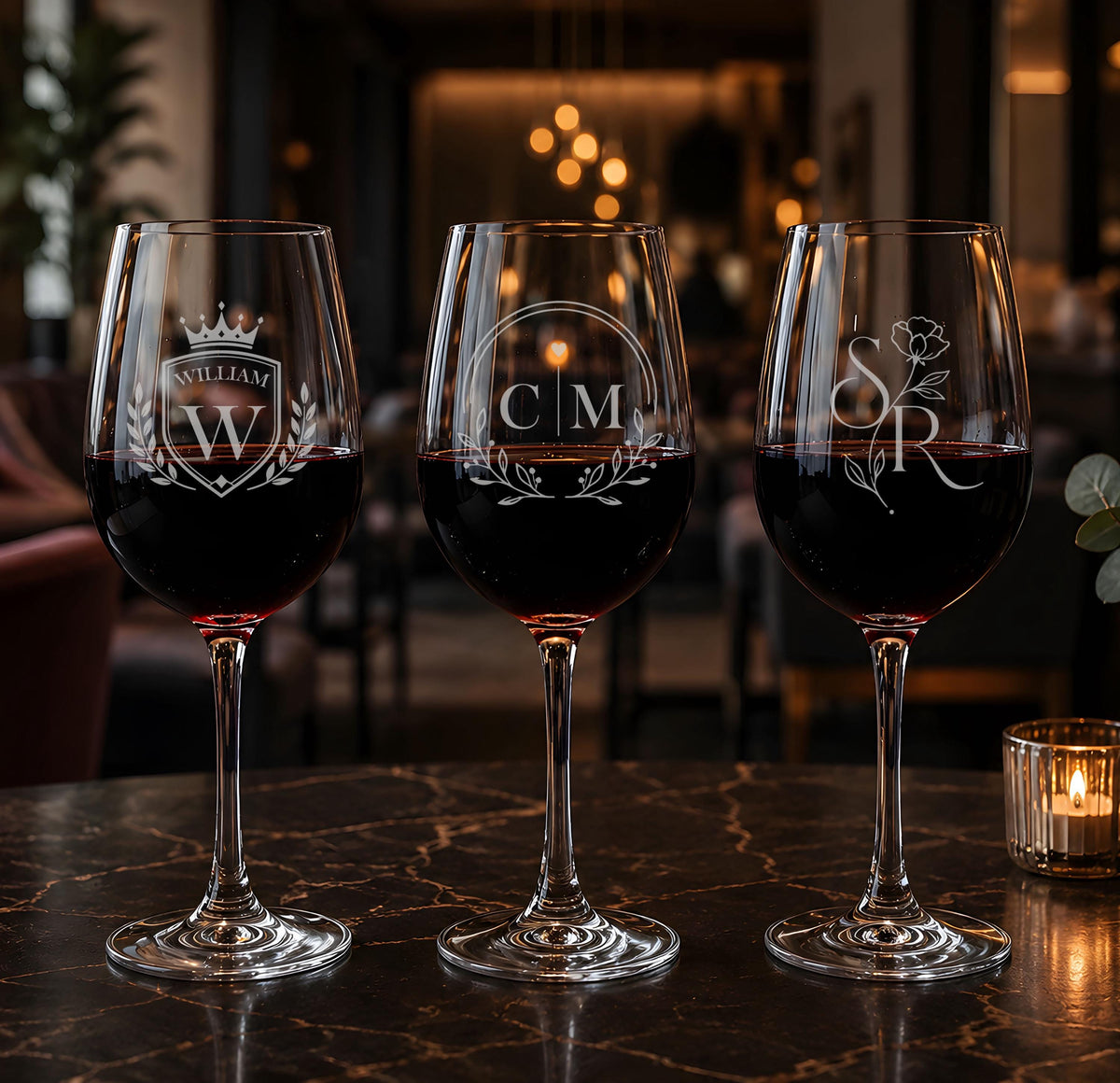 Personalized Engraved Wine Glass, Custom Floral Monogram Drinkware, Romantic Gift