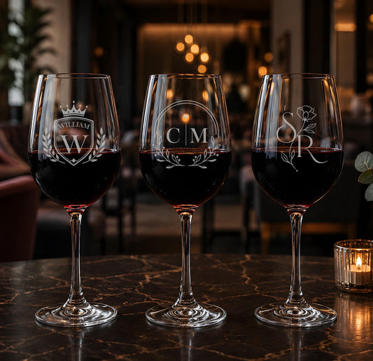 Personalized Engraved Wine Glass, Custom Floral Monogram Drinkware, Romantic Gift