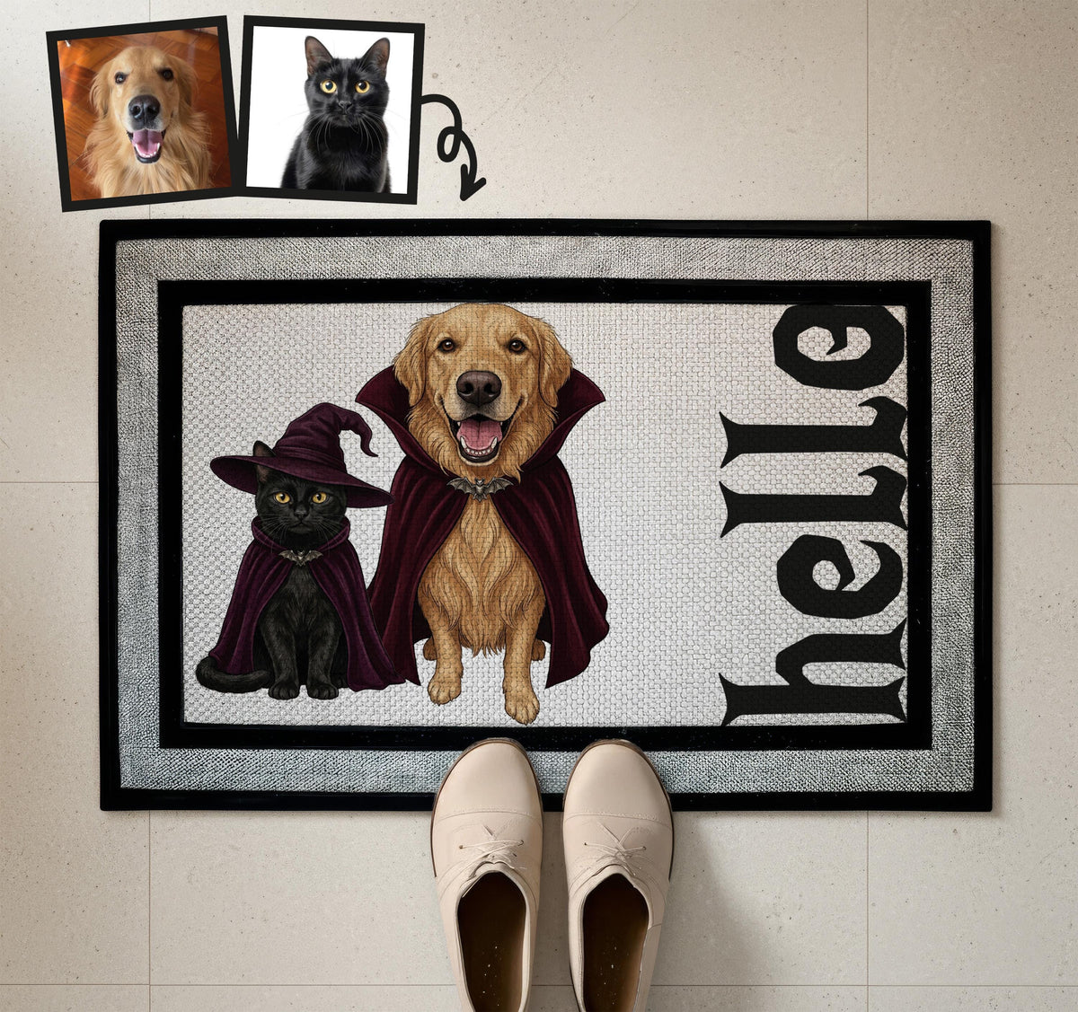 Custom Dog and Cat Doormat, Halloween Racetrack Mat, Multiple Pet Portrait Welcome Mat, Spooky Indoor Rug, Personalized Pet Lover Gift