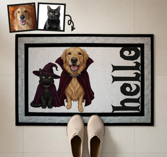 Custom Dog and Cat Doormat, Halloween Racetrack Mat, Multiple Pet Portrait Welcome Mat, Spooky Indoor Rug, Personalized Pet Lover Gift