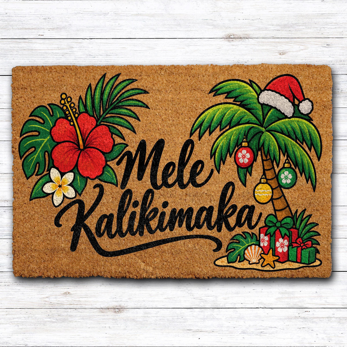 Floral Mele Kalikimaka Welcome Mat, Tropical Palm Tree Christmas Doormat