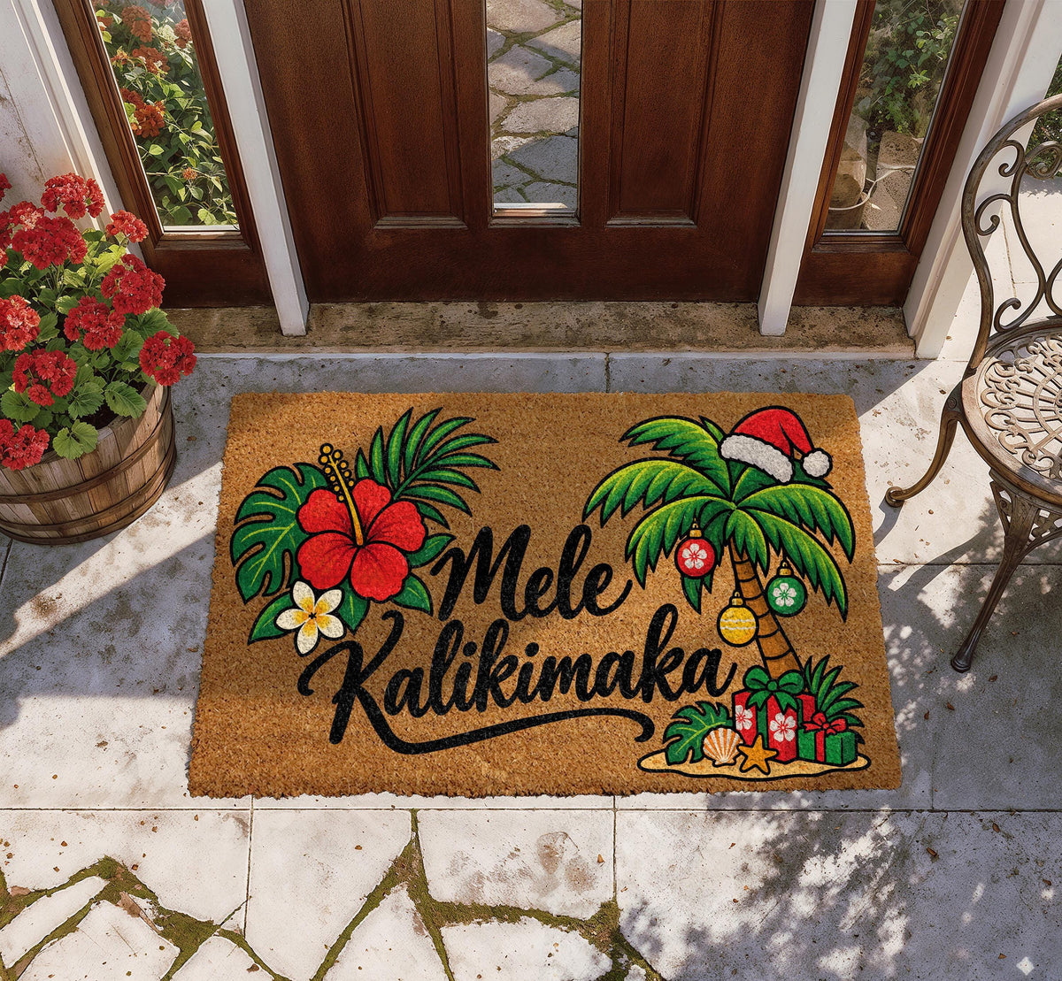 Floral Mele Kalikimaka Welcome Mat, Tropical Palm Tree Christmas Doormat
