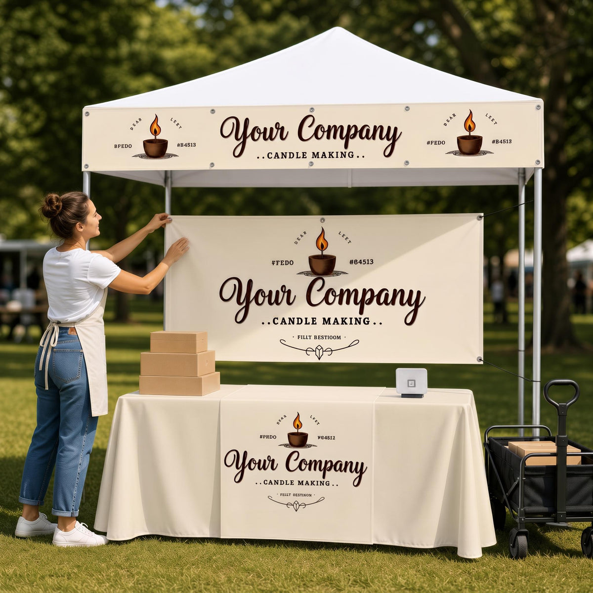 Custom Canopy Tent Banner Set, Small Business Backdrop, Table Runner (Candle Business)