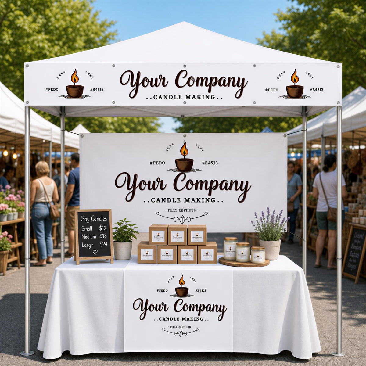 Custom Canopy Tent Banner Set, Small Business Backdrop, Table Runner (Candle Business)