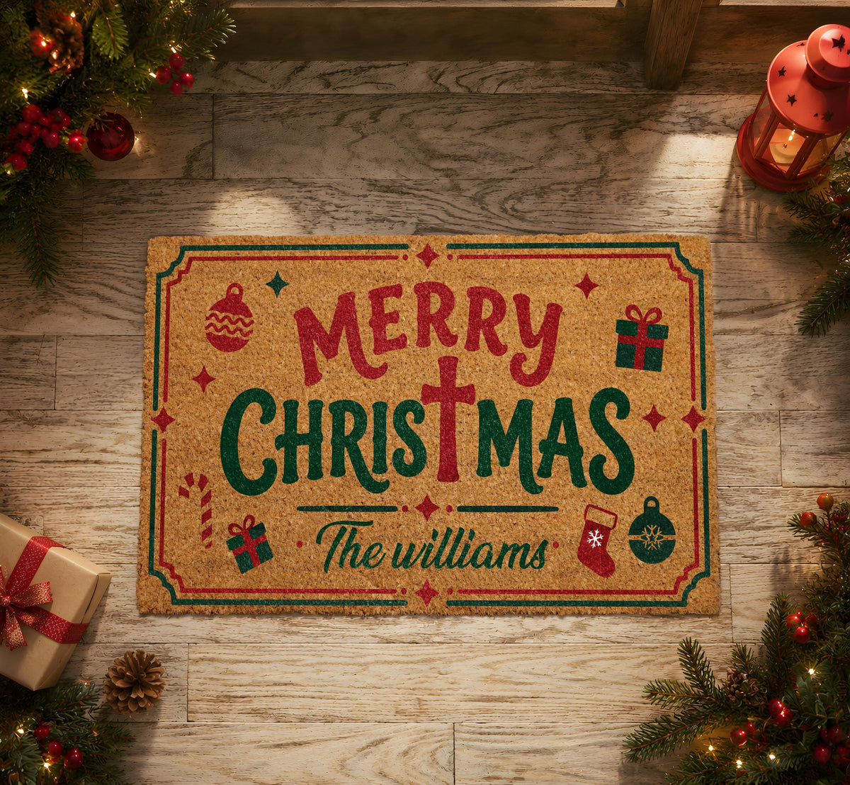 Personalized Family Name Holiday Welcome Mat, Custom Merry Christmas Doormat with Cross
