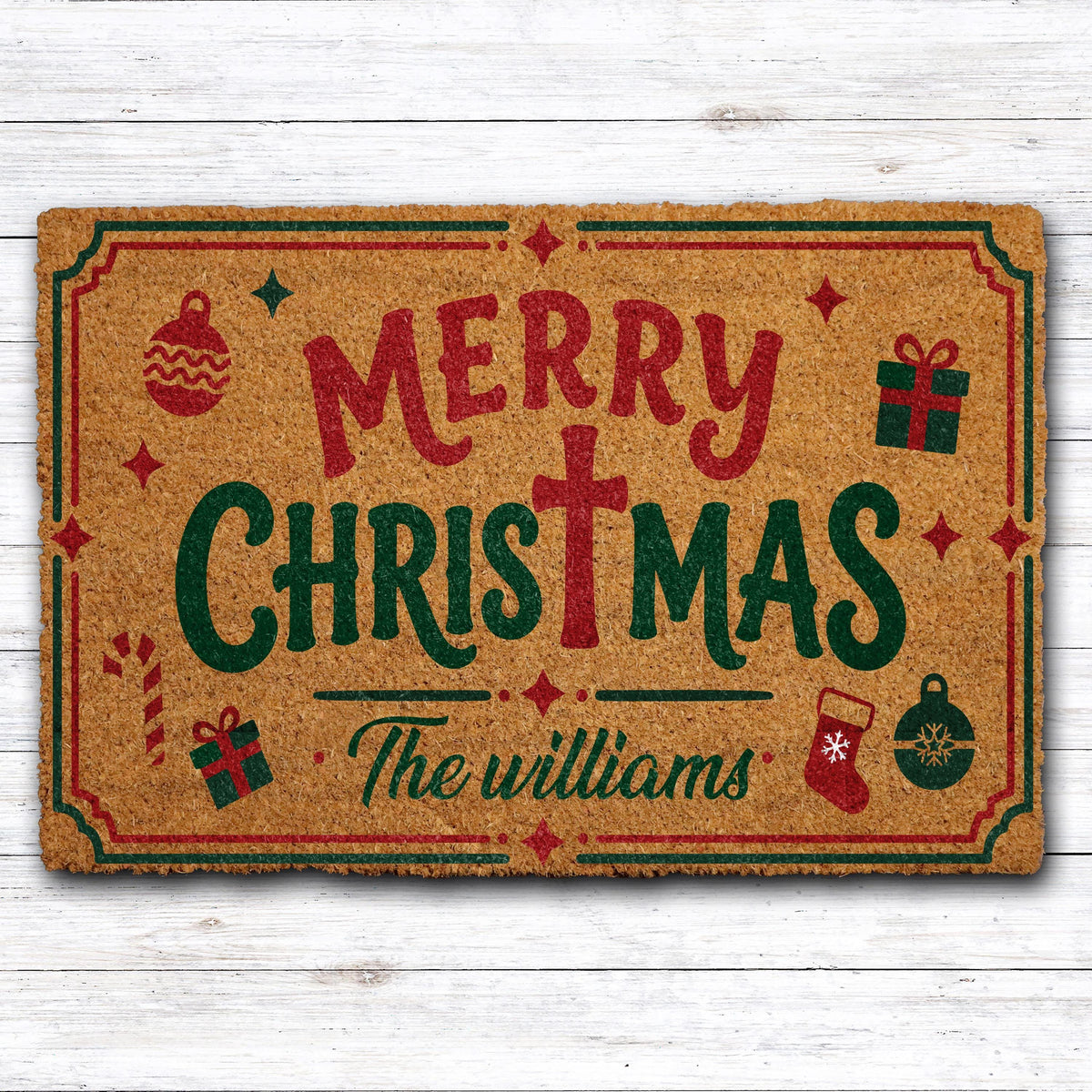 Personalized Family Name Holiday Welcome Mat, Custom Merry Christmas Doormat with Cross