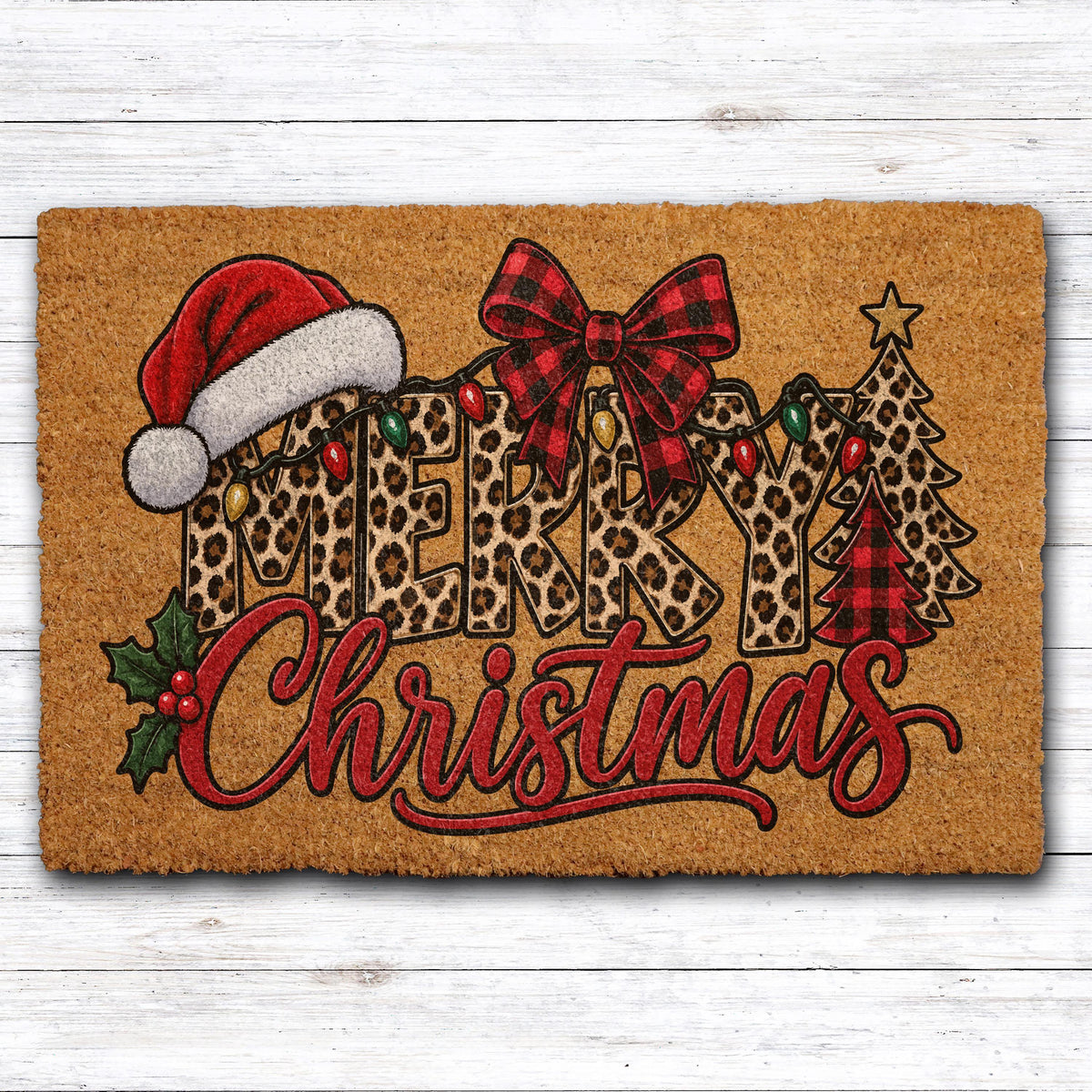 Preppy Leopard Pattern Merry Christmas Welcome Mat, Buffalo Plaid Bow & Holly Berries Doormat