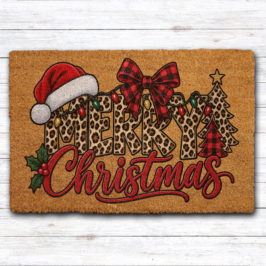 Preppy Leopard Pattern Merry Christmas Welcome Mat, Buffalo Plaid Bow & Holly Berries Doormat