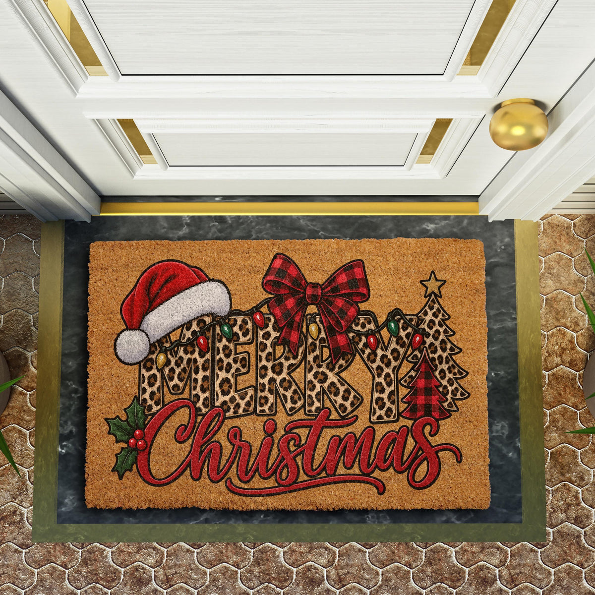 Preppy Leopard Pattern Merry Christmas Welcome Mat, Buffalo Plaid Bow & Holly Berries Doormat