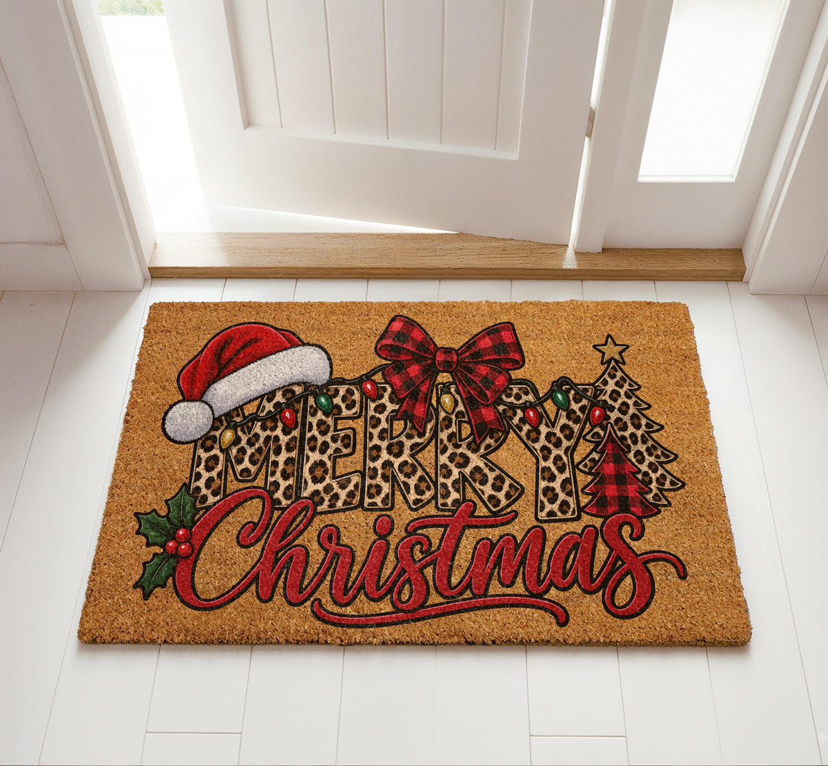 Preppy Leopard Pattern Merry Christmas Welcome Mat, Buffalo Plaid Bow & Holly Berries Doormat