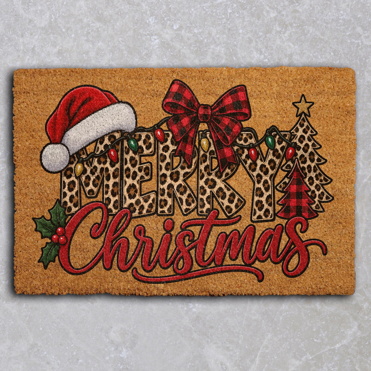 Preppy Leopard Pattern Merry Christmas Welcome Mat, Buffalo Plaid Bow & Holly Berries Doormat