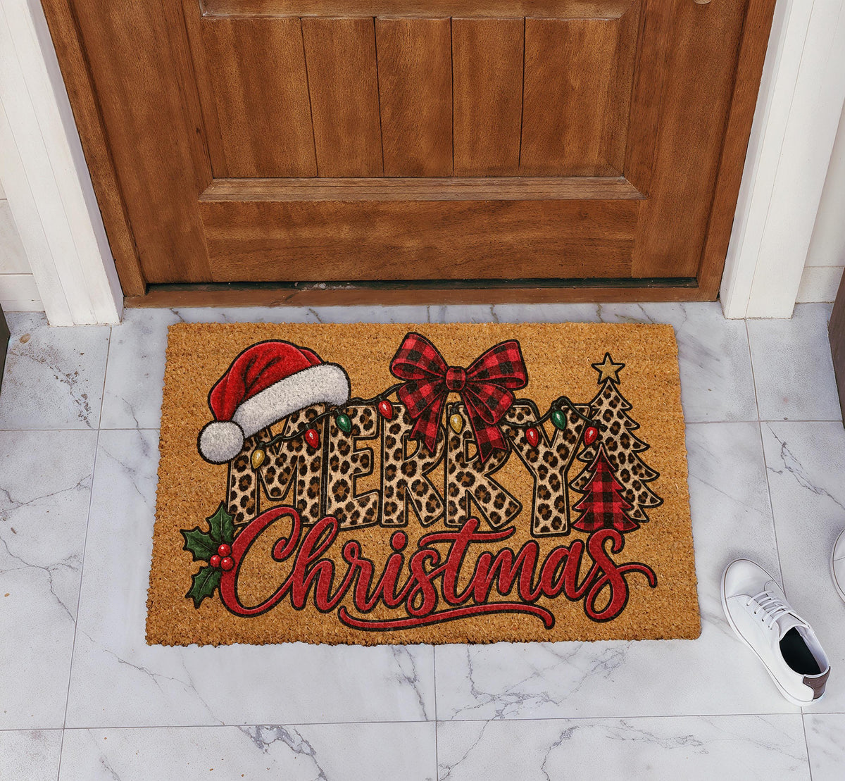 Preppy Leopard Pattern Merry Christmas Welcome Mat, Buffalo Plaid Bow & Holly Berries Doormat