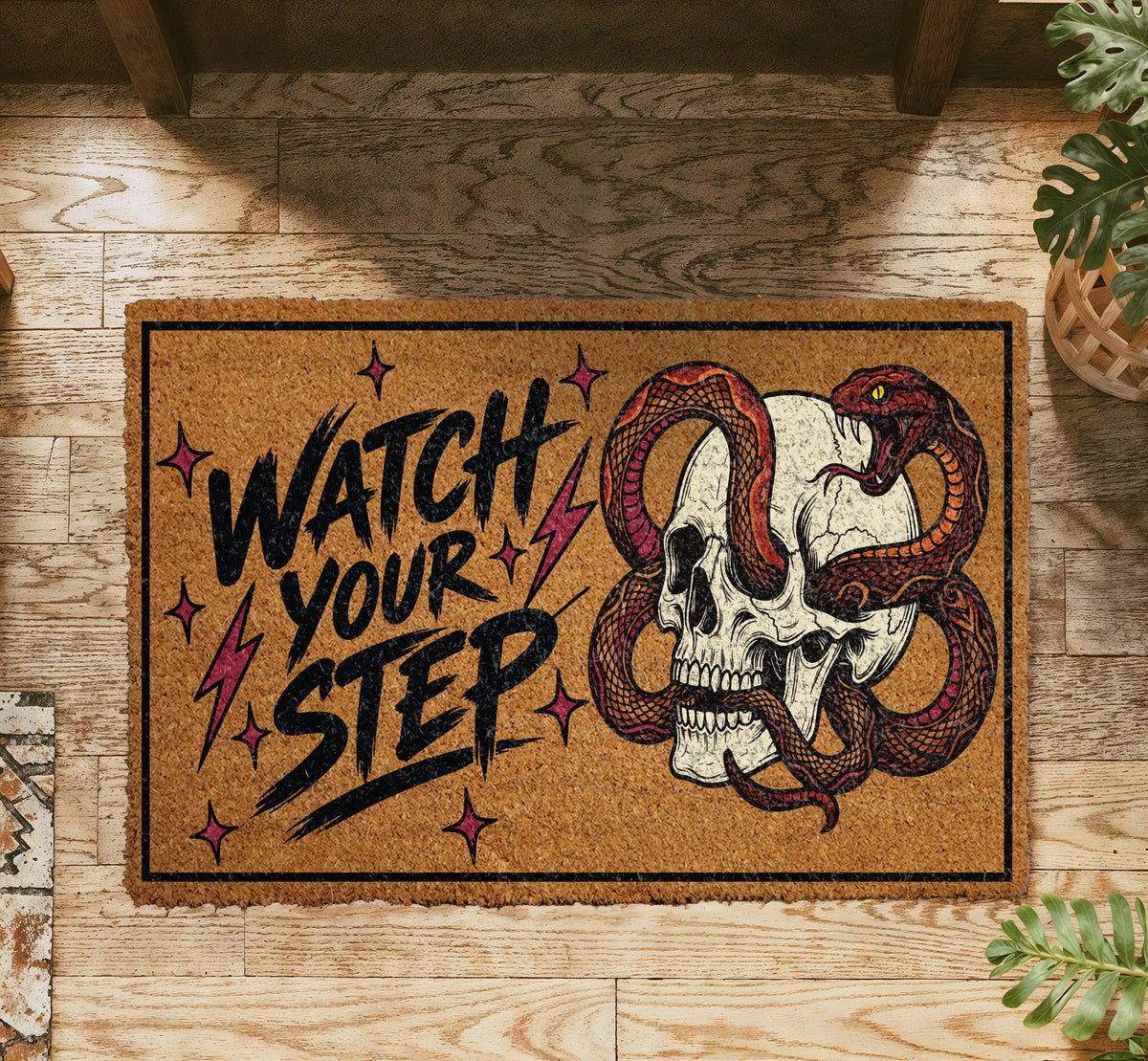 Watch Your Step Skeleton Snake Doormat - Funny Housewarming Gift - Outdoor Entryway Rug