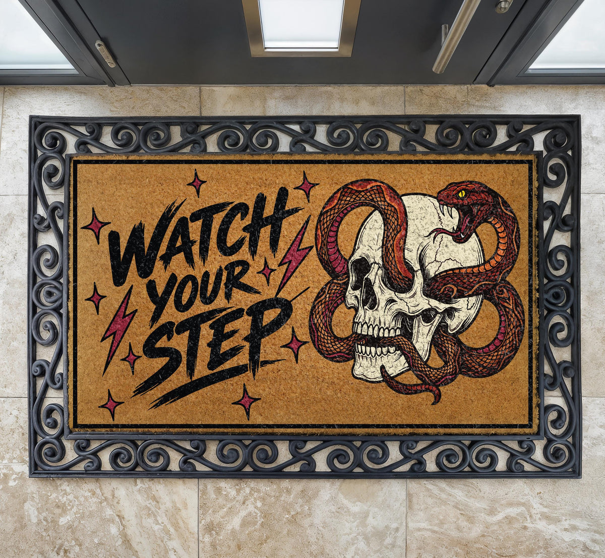 Watch Your Step Skeleton Snake Doormat - Funny Housewarming Gift - Outdoor Entryway Rug