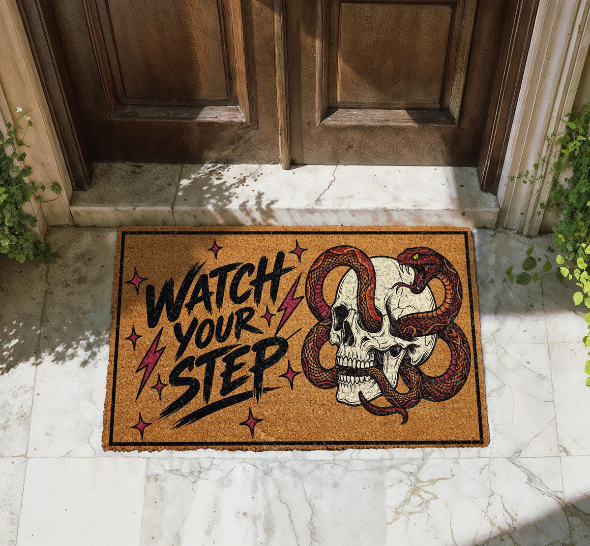 Watch Your Step Skeleton Snake Doormat - Funny Housewarming Gift - Outdoor Entryway Rug