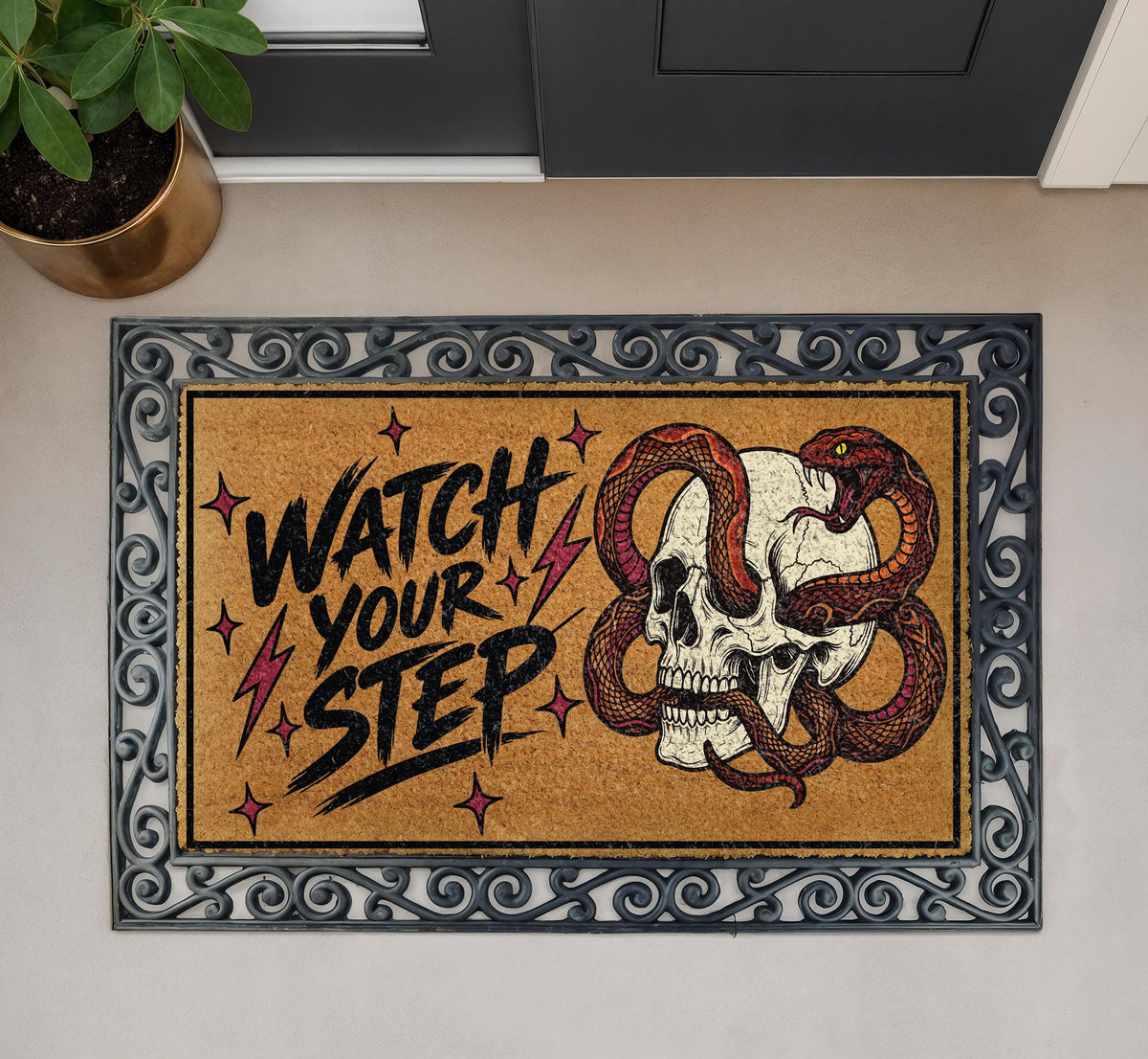 Watch Your Step Skeleton Snake Doormat - Funny Housewarming Gift - Outdoor Entryway Rug
