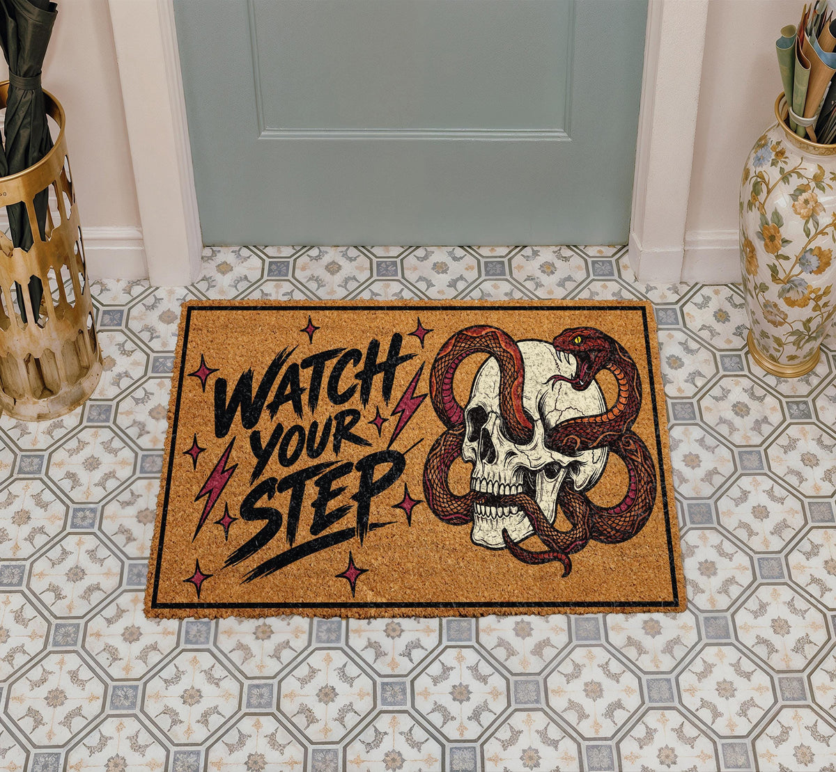 Watch Your Step Skeleton Snake Doormat - Funny Housewarming Gift - Outdoor Entryway Rug