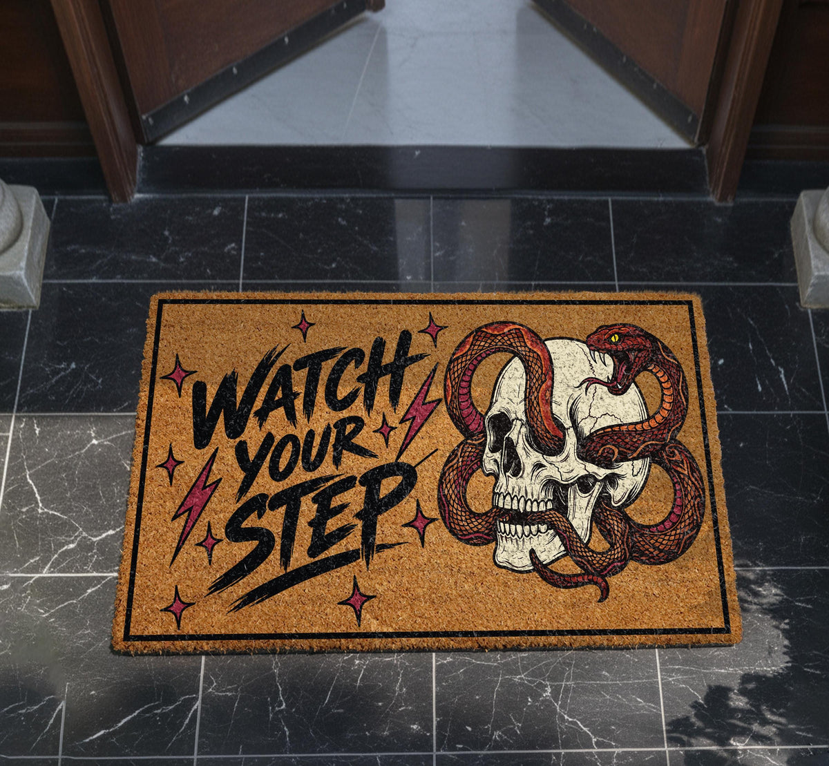 Watch Your Step Skeleton Snake Doormat - Funny Housewarming Gift - Outdoor Entryway Rug