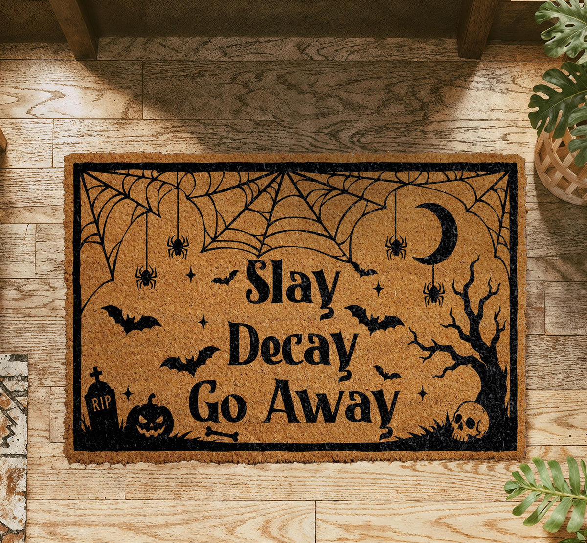 Slay Decay Go Away Doormat, Funny Halloween Welcome Mat, Witchy Porch Decor