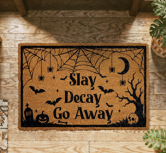 Slay Decay Go Away Doormat, Funny Halloween Welcome Mat, Witchy Porch Decor