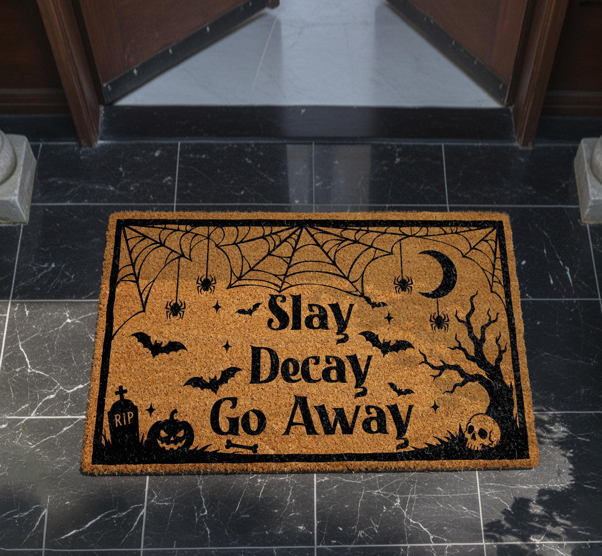 Slay Decay Go Away Doormat, Funny Halloween Welcome Mat, Witchy Porch Decor