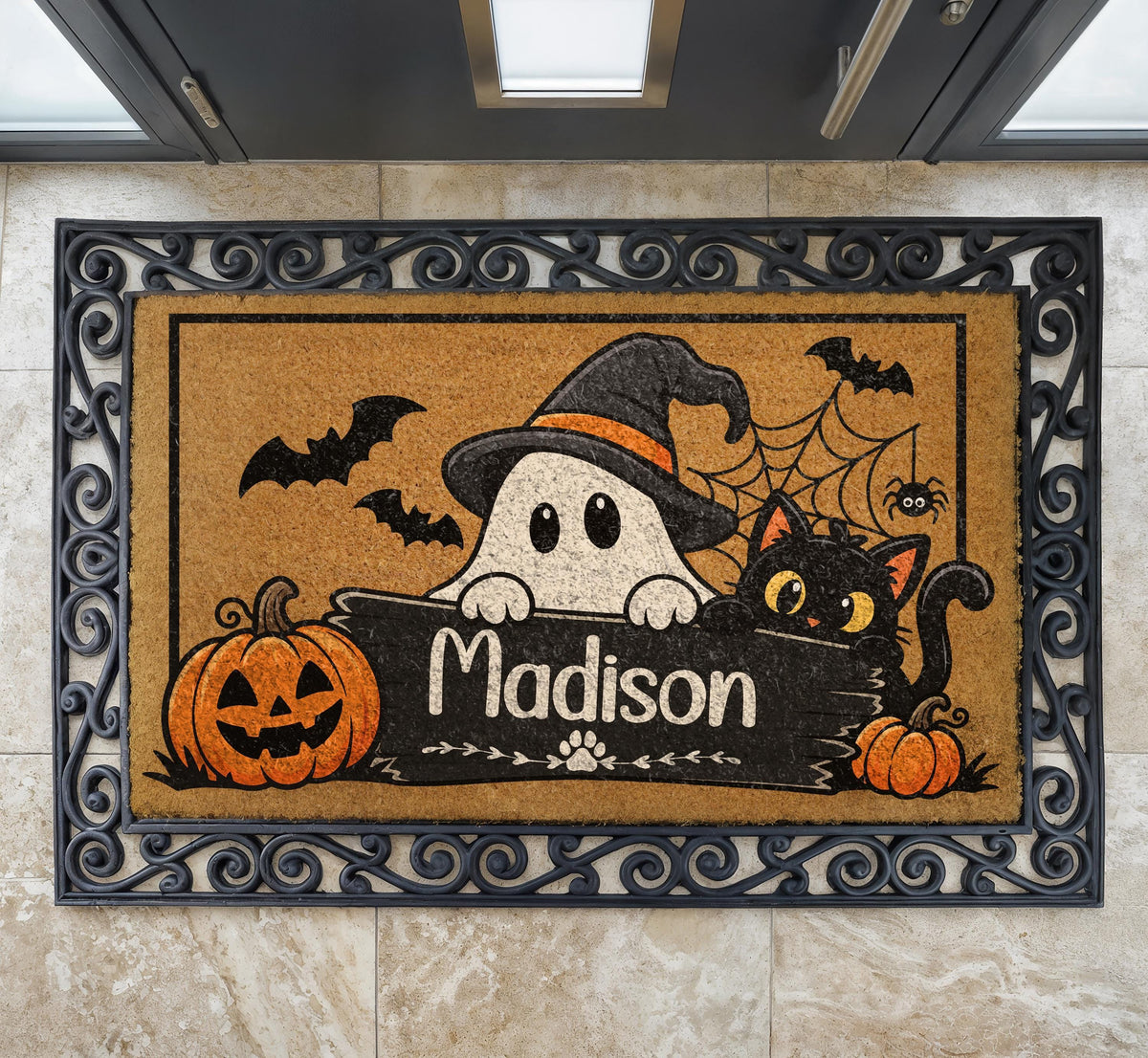 Personalized Halloween Doormat, Ghost, Cat, Pumpkin, Custom Name Welcome Mat (Coir)
