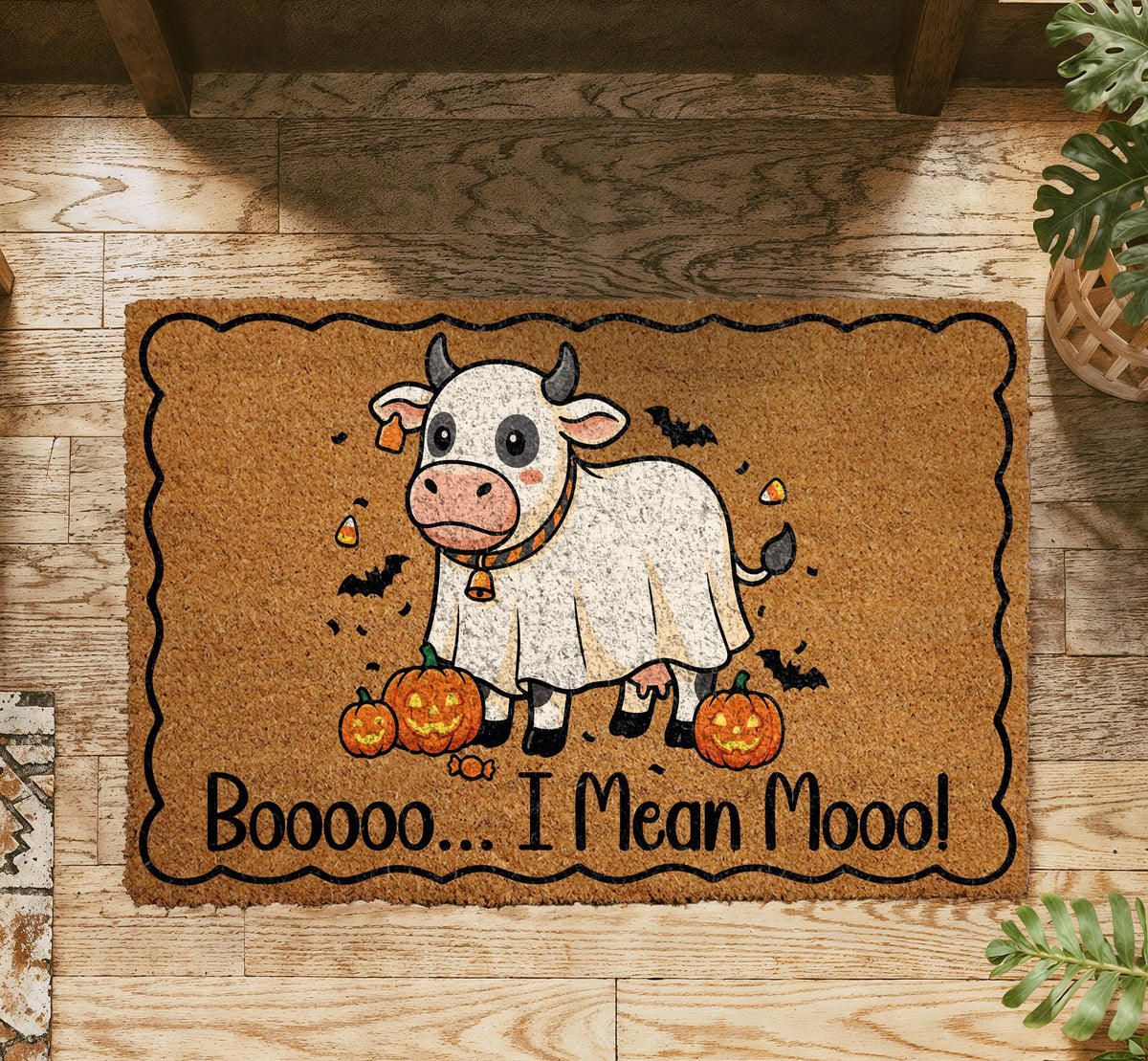 Spooky Ghost Cow Doormat – Halloween Welcome Mat (Coir)