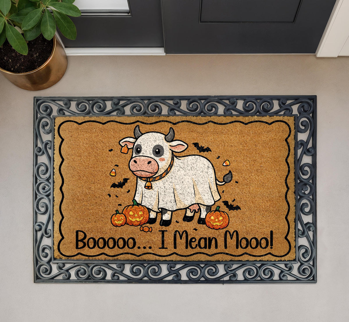 Spooky Ghost Cow Doormat – Halloween Welcome Mat (Coir)