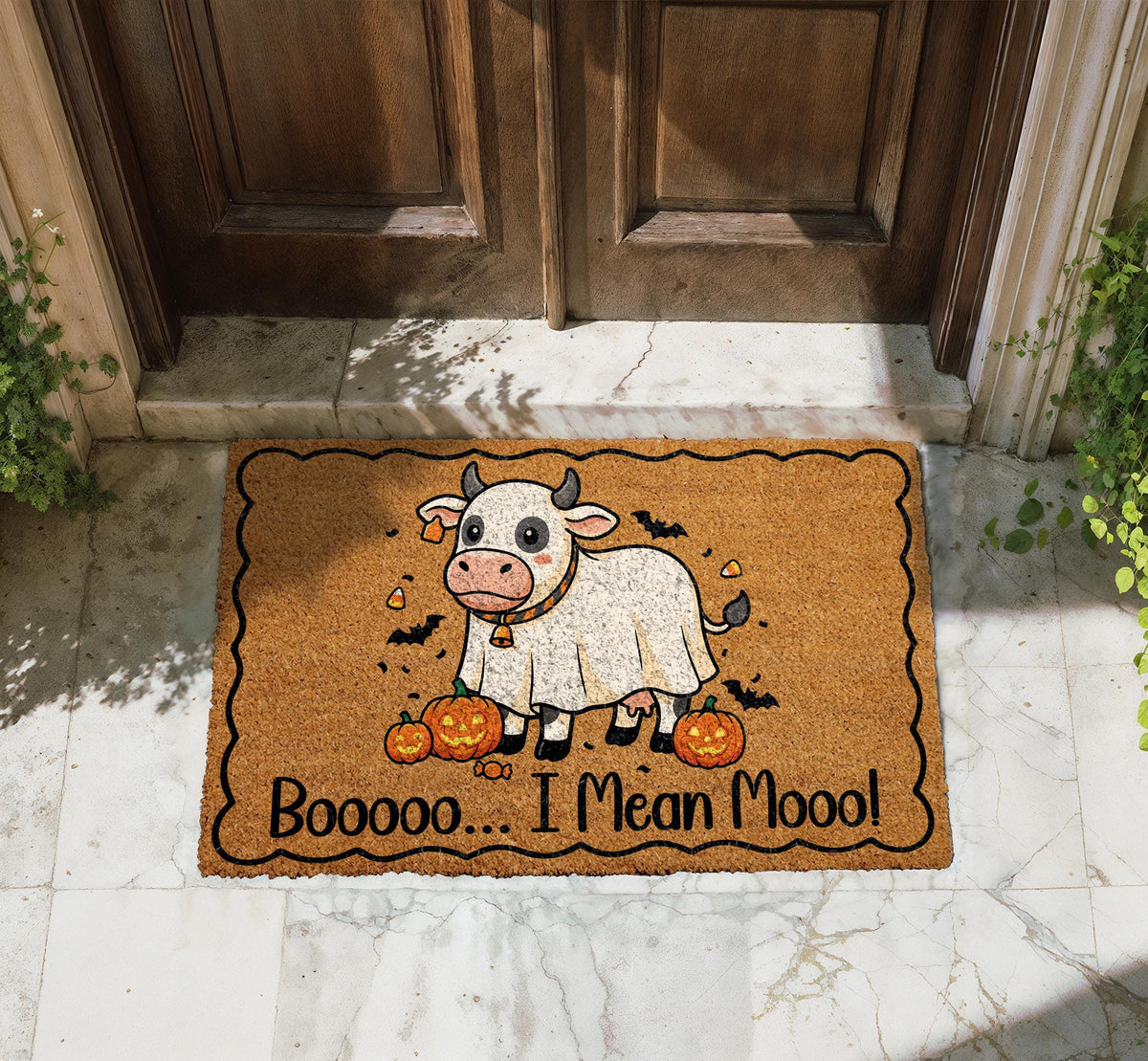 Spooky Ghost Cow Doormat – Halloween Welcome Mat (Coir)