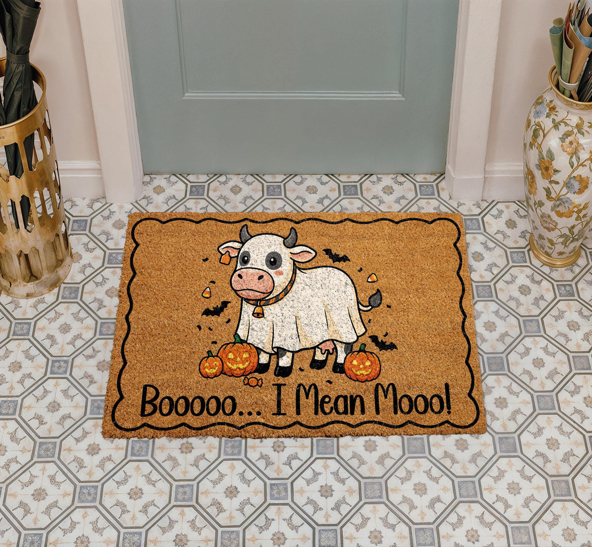 Spooky Ghost Cow Doormat – Halloween Welcome Mat (Coir)