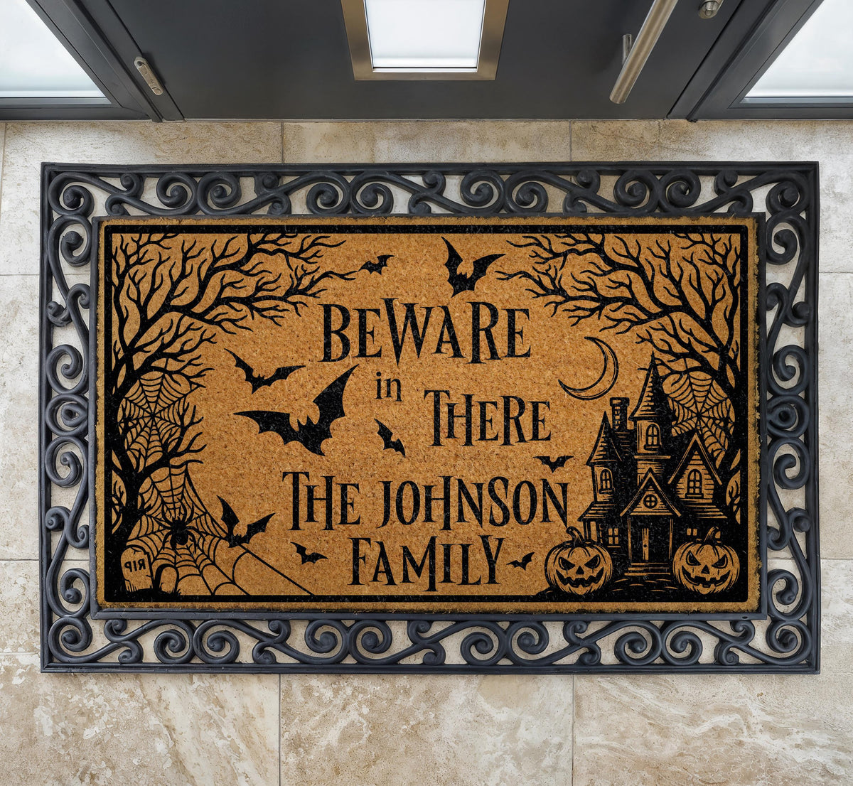 Personalized Halloween Doormat, Beware In There Haunted House Welcome Mat (Coir)