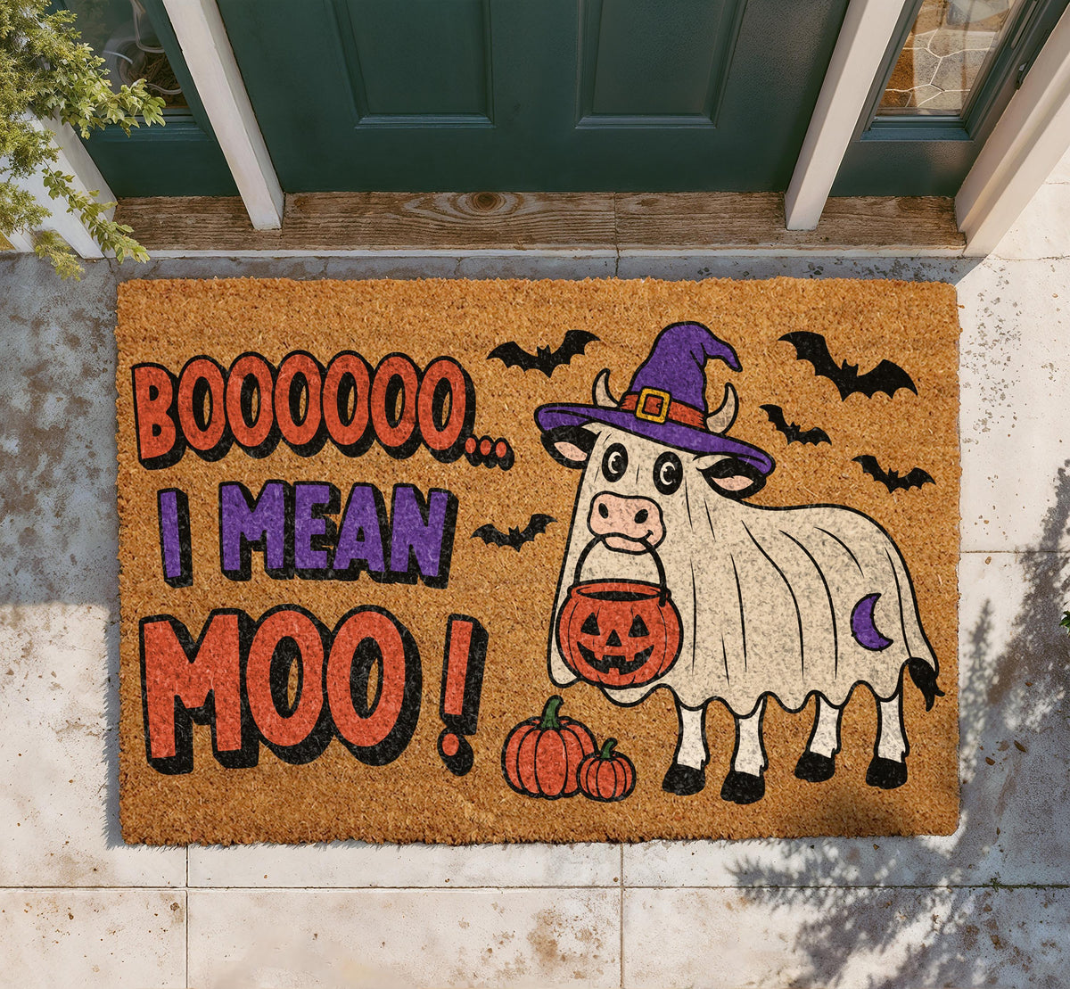 Moo I Mean Boo Doormat | Ghost Cow Halloween Welcome Mat (18x30" Coir)
