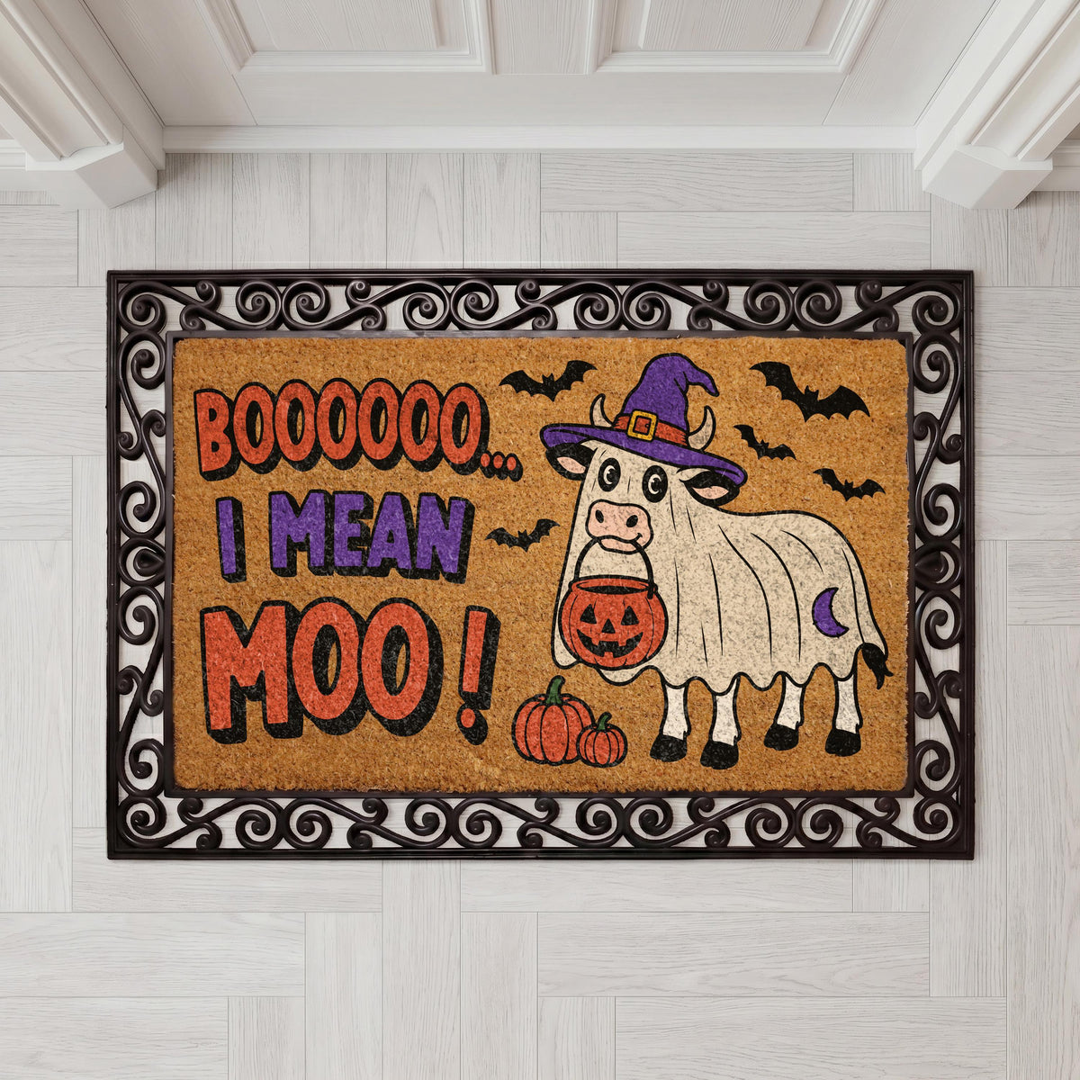 Moo I Mean Boo Doormat | Ghost Cow Halloween Welcome Mat (18x30" Coir)