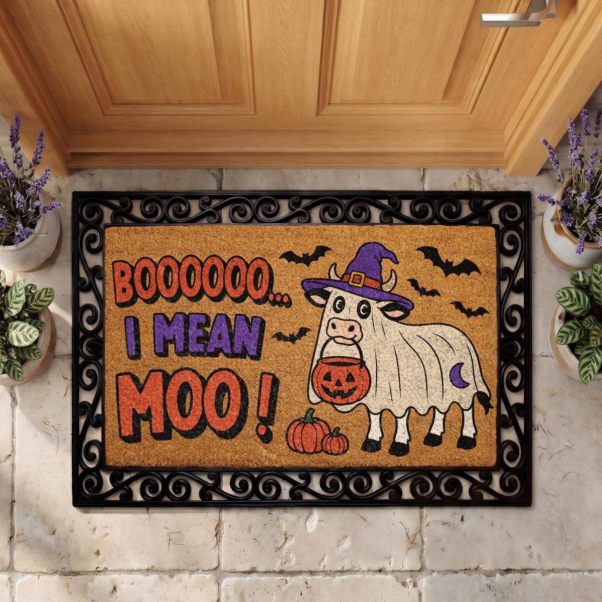 Moo I Mean Boo Doormat | Ghost Cow Halloween Welcome Mat (18x30" Coir)