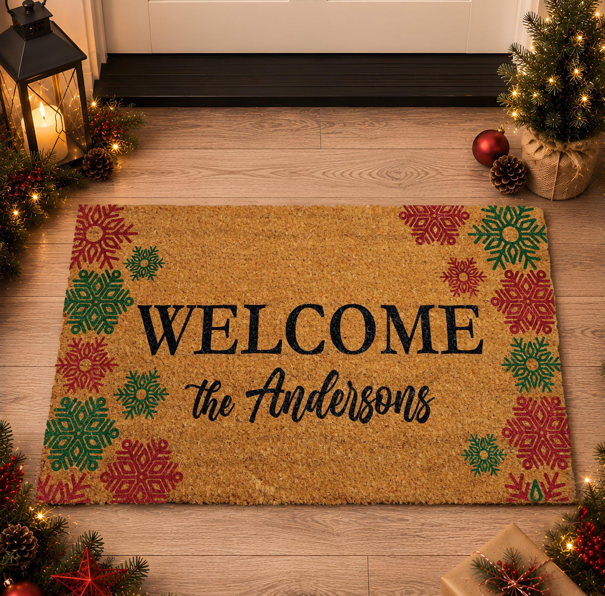 Custom Winter Welcome Doormat With Snowflake Design | Faux Coir | Non-slip Backing | Personalized Gift